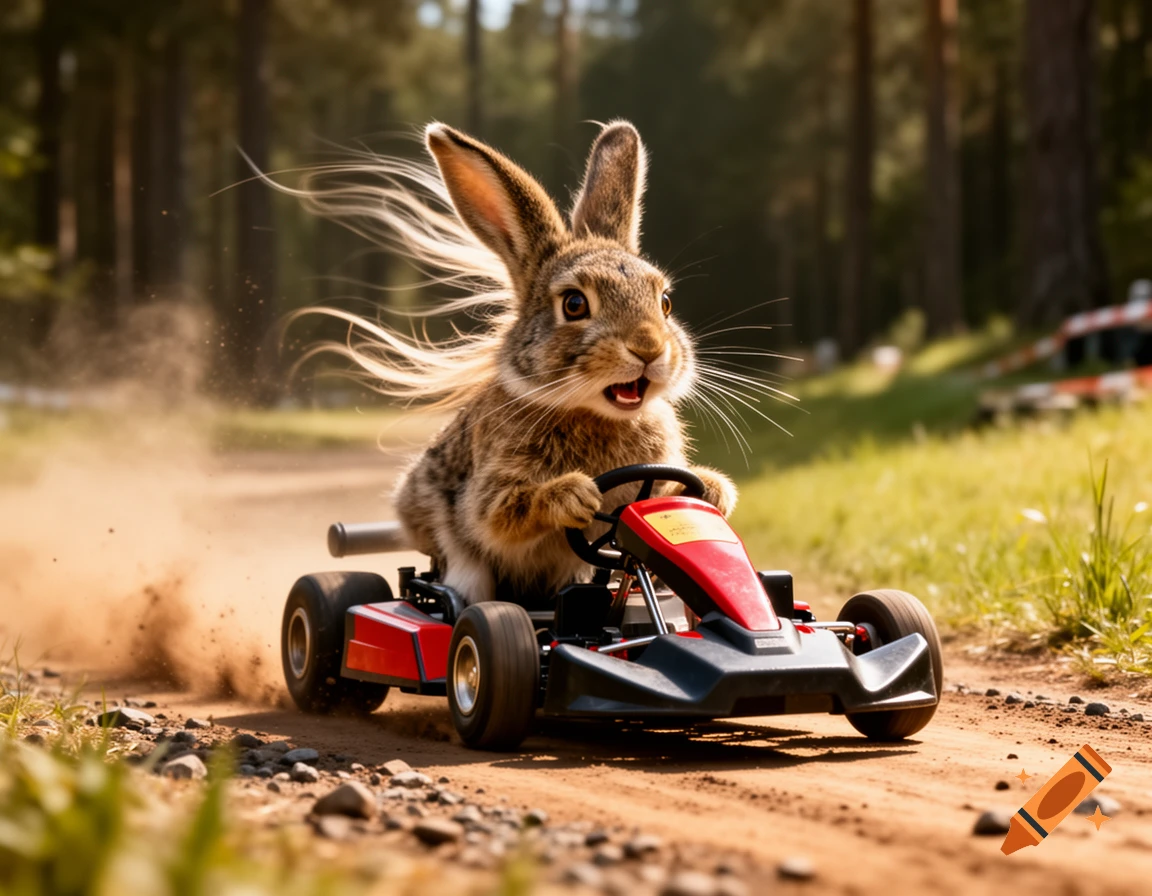 A photorealistic brown rabbit with an open mouth drives a red and black go-kart on a dusty dirt track, hair blowing back.