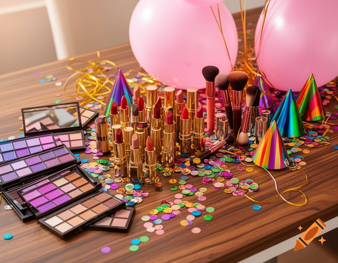 A wooden table adorned with an assortment of makeup, colorful party hats, pink balloons, and scattered confetti.