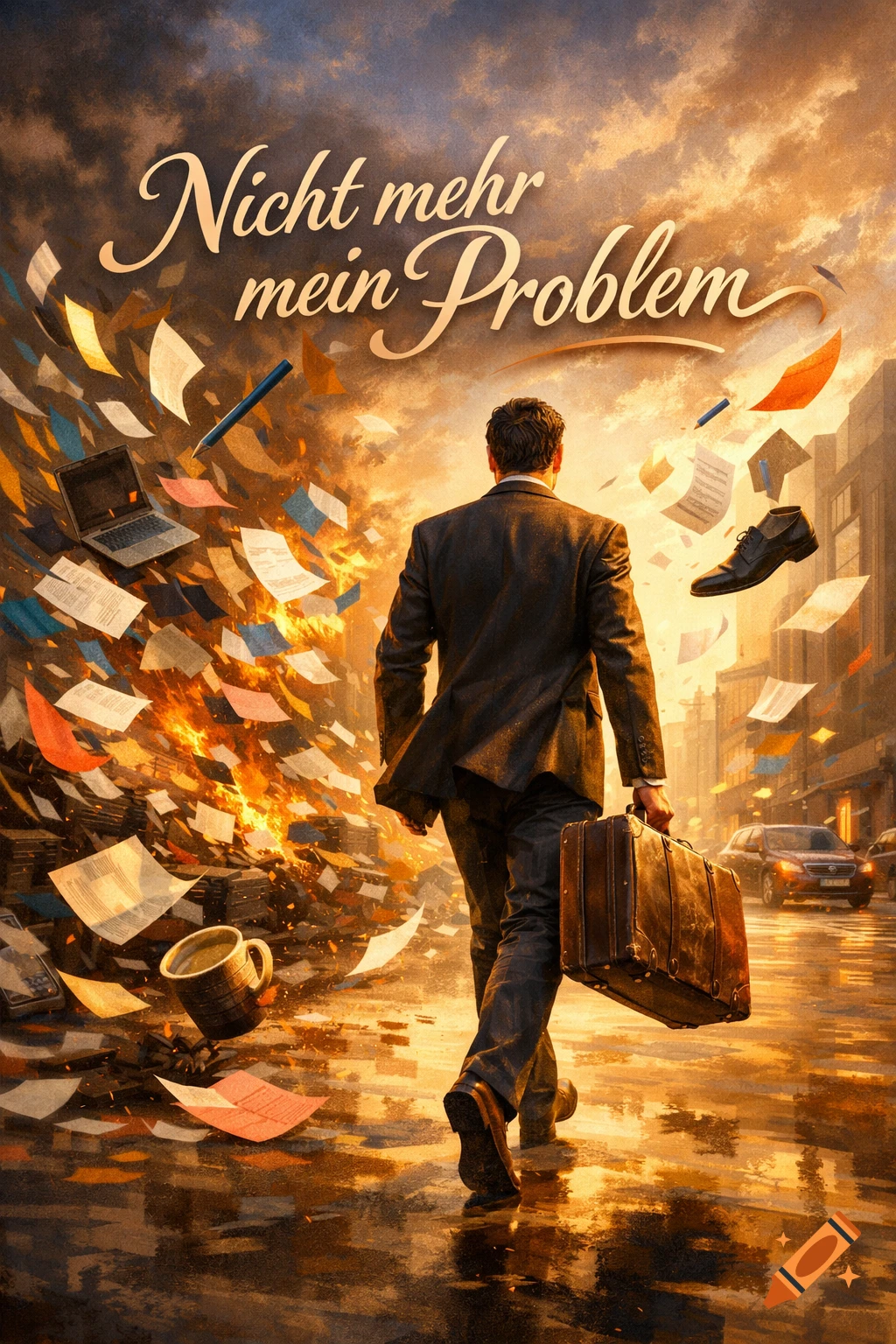 Man in suit walks away from a burning pile of documents in an urban setting, with the text 'Nicht mehr mein Problem' overhead.