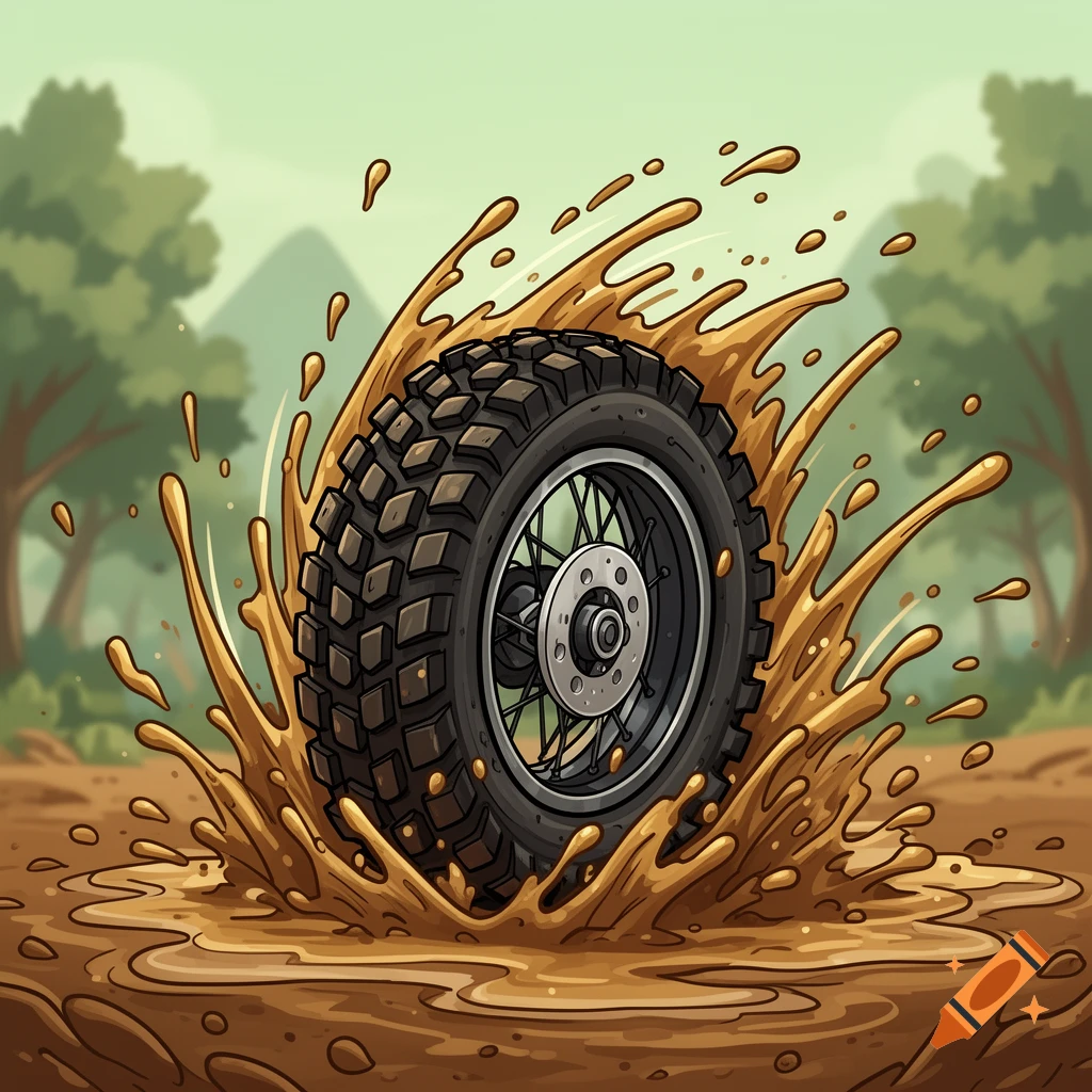 A cartoon illustration of a dirt bike tire splashing through brown mud, with trees and hills in the background.