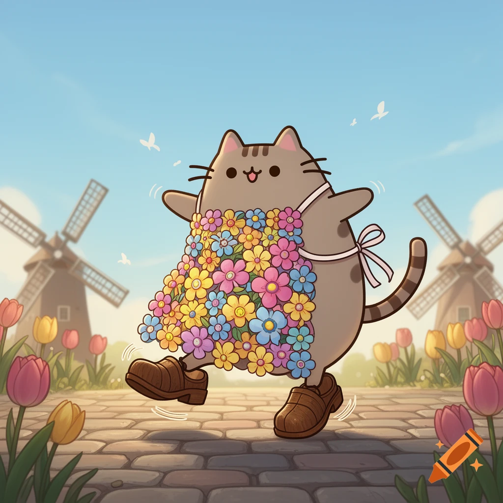 A cheerful cartoon Pusheen cat wearing a colorful floral apron and wooden shoes, walking on a cobblestone path surrounded by tulips and windmills under a blue sky.