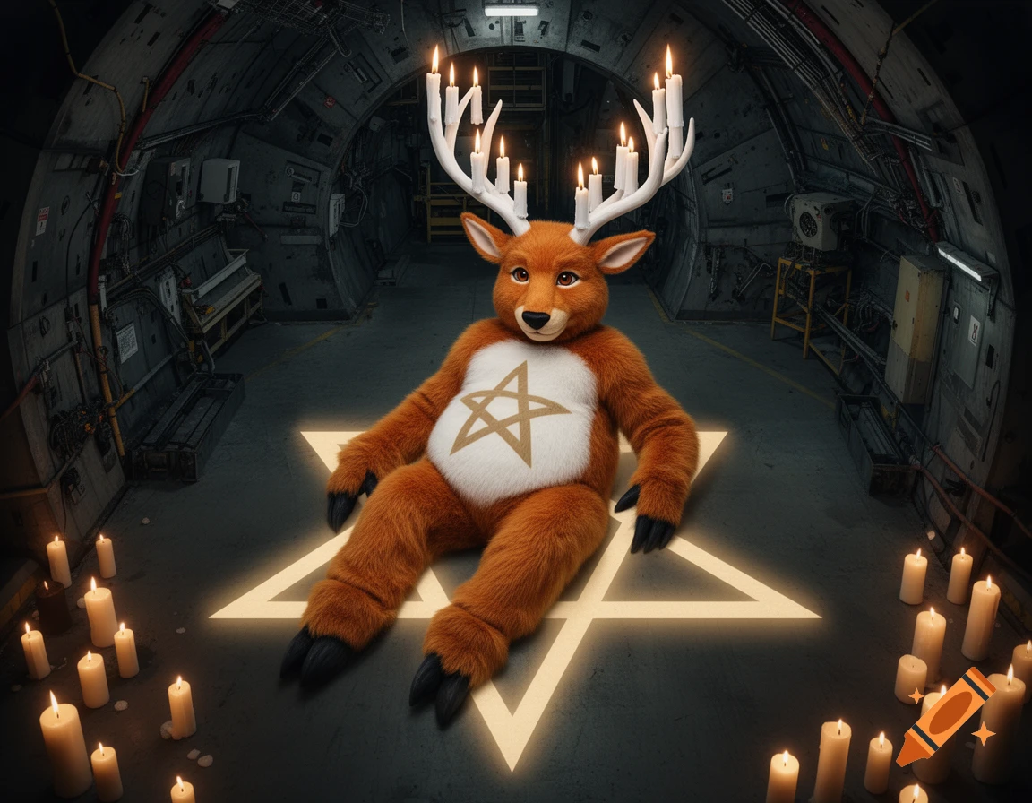 An anthropomorphic ginger elk fursuit with candelabra antlers sits on a glowing pentagram amidst candles in a dark, industrial tunnel.