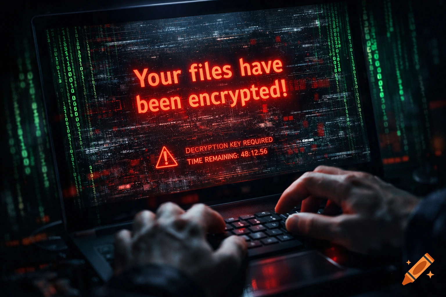 Hands type on a laptop displaying a red ransomware message "Your files have been encrypted!" on a glitching screen with green binary code, photorealistic.
