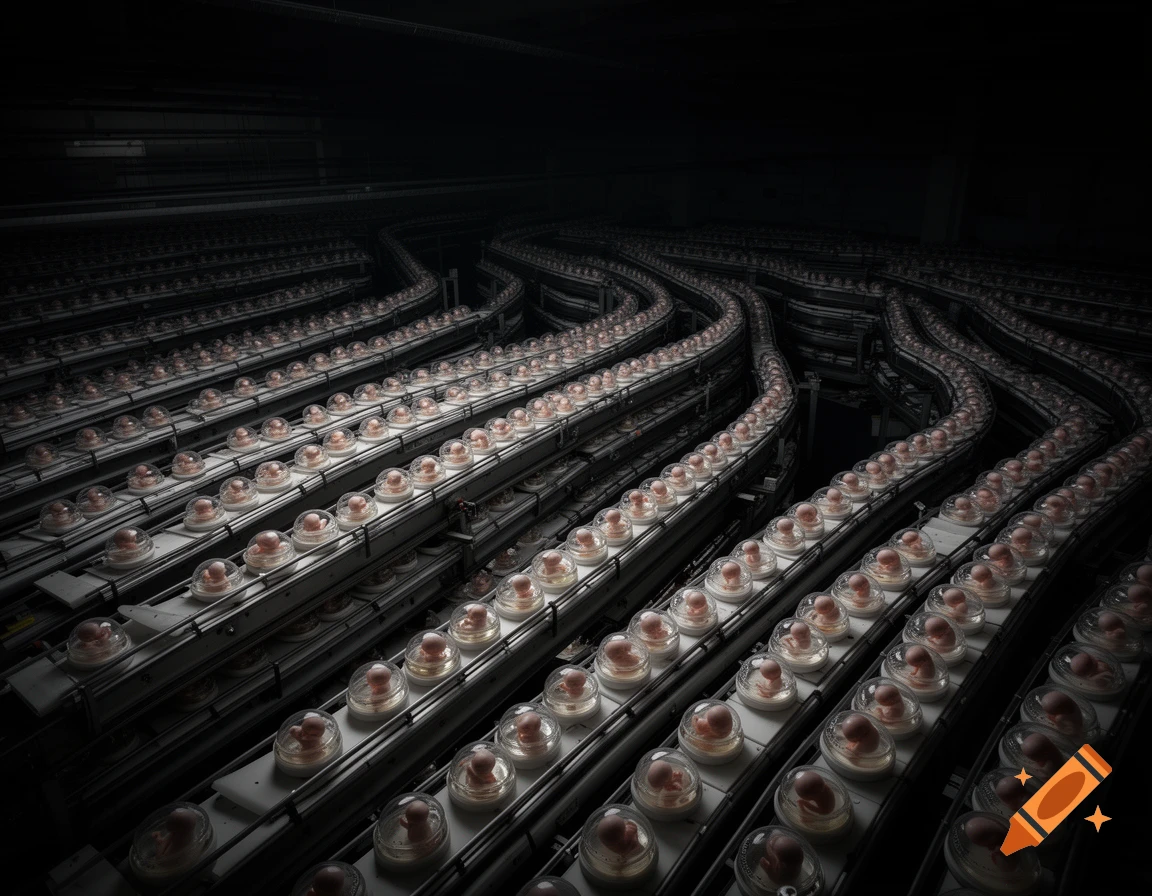 Long, stacked conveyor belts in a dark, industrial setting, carrying numerous small undeveloped embryos in clear domes.