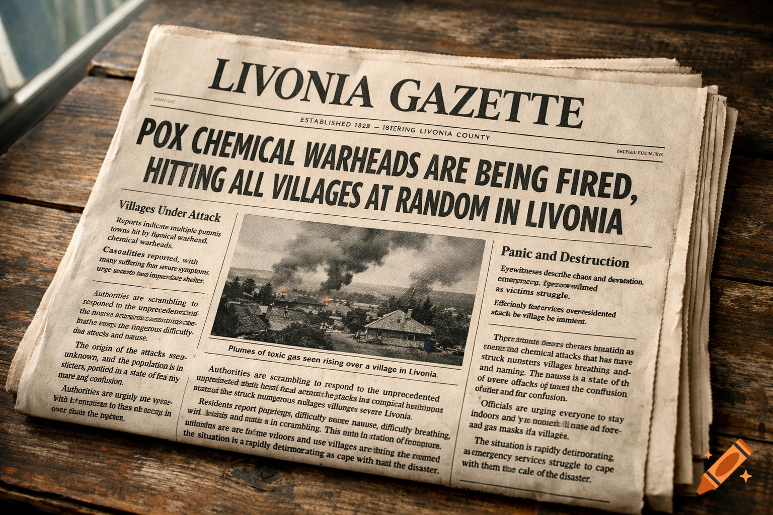An old newspaper, the Livonia Gazette, featuring a headline about chemical warheads hitting villages, with a black and white photo of a smoky, destroyed village.