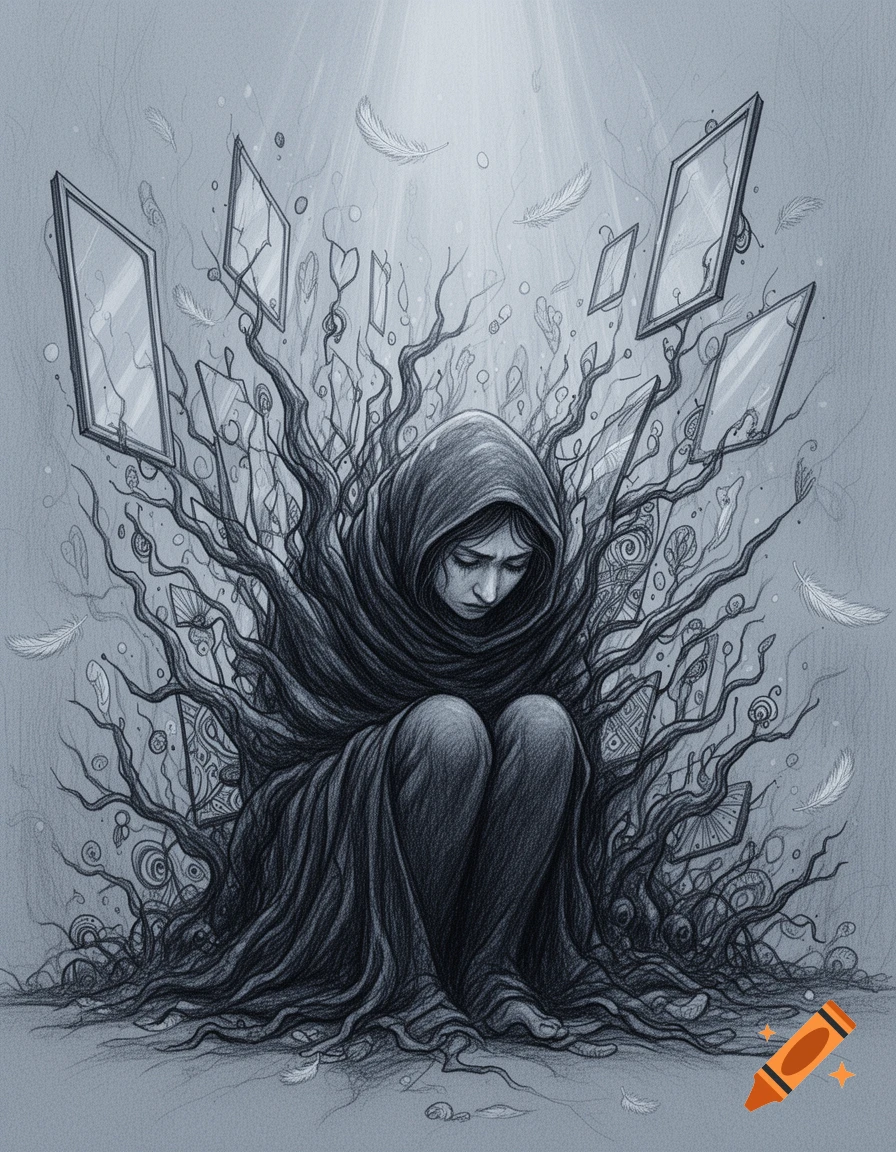 Monochrome pencil drawing of a figure huddled among thorny branches and shattered mirrors, symbolizing depression.