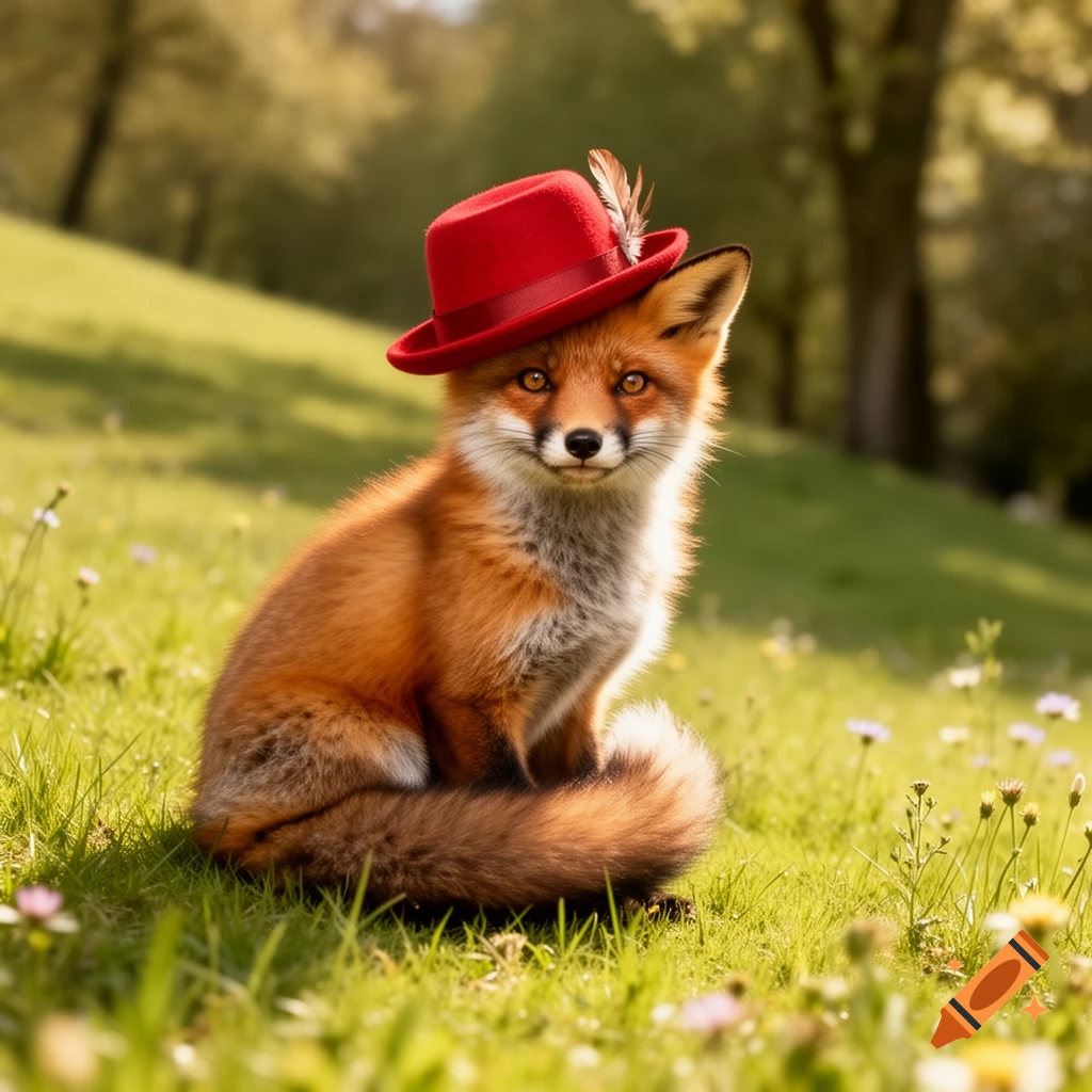 A cute fox wearing a red hat with a feather, sitting in a sunny green grassy field with small flowers.