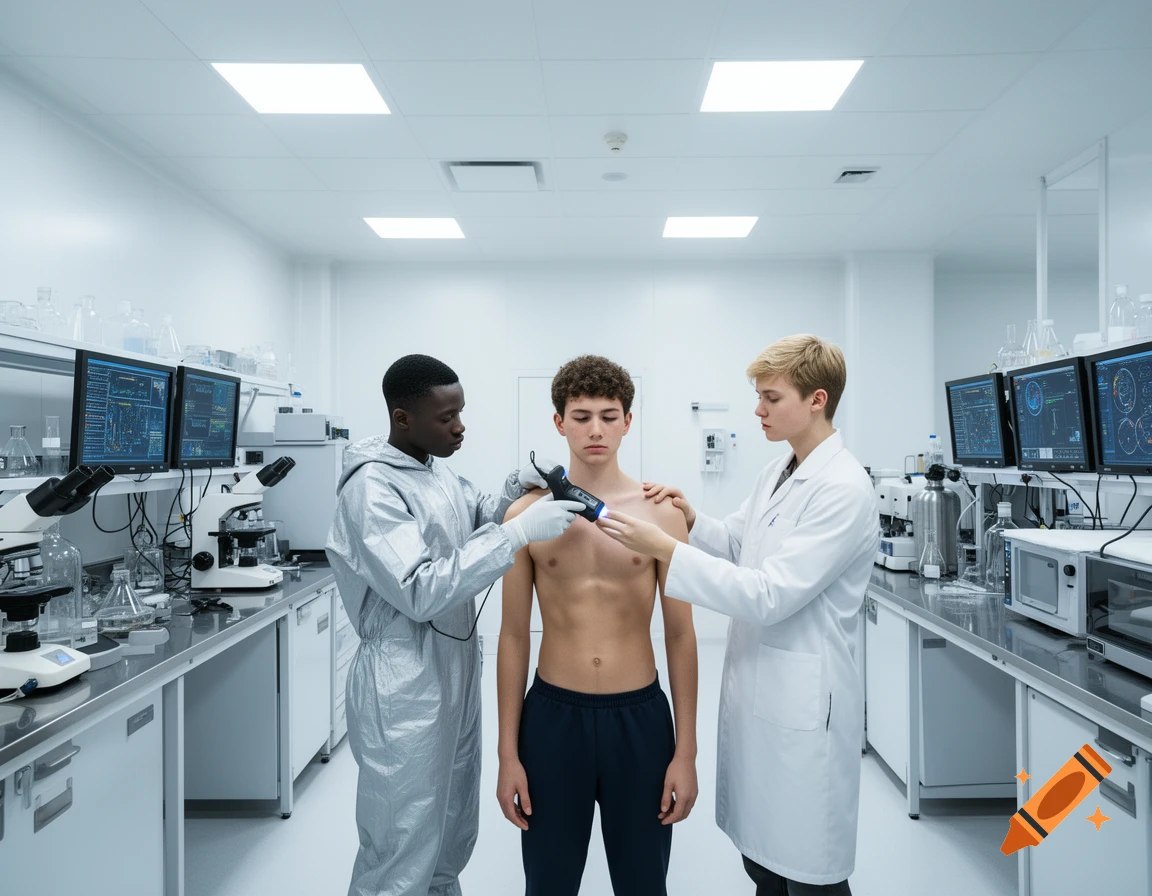 Three young males in a modern white laboratory: one shirtless subject is scanned by a scientist in a hazmat suit while another in a lab coat assists.
