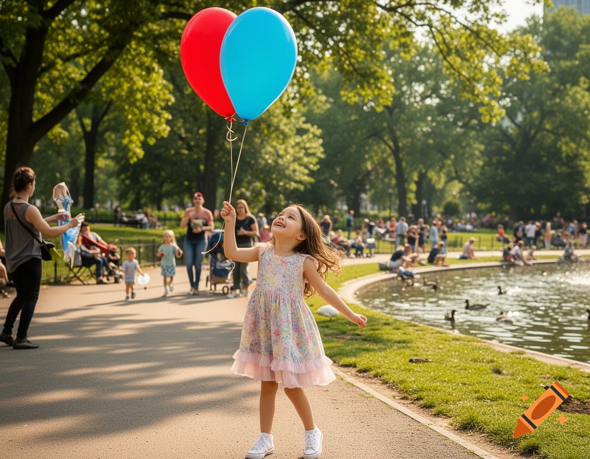 Happy little girl in a floral dress holding red and blue balloons, smiling in a sunny park by a pond with people, photorealistic.