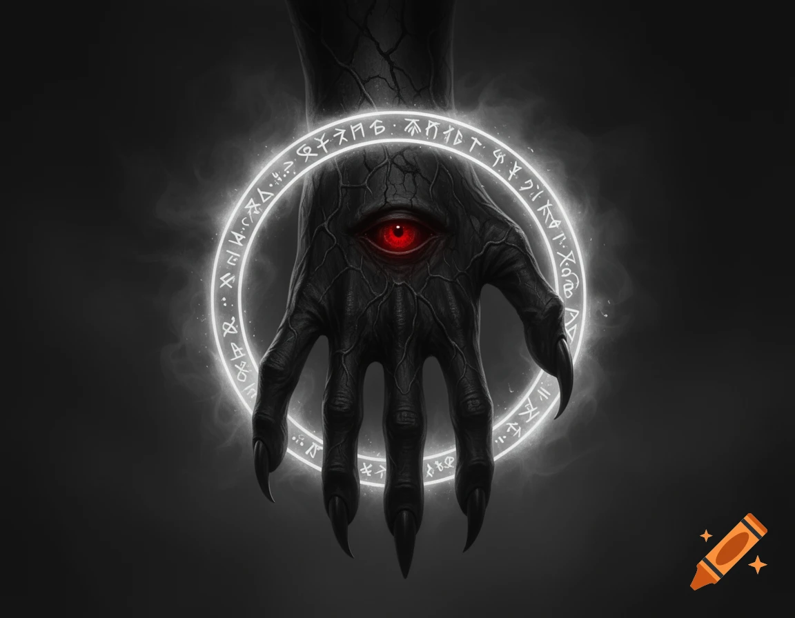 A dark, cracked demonic hand with sharp claws and a glowing red eye, encircled by a luminous white ring with arcane runes on a smoky black background.