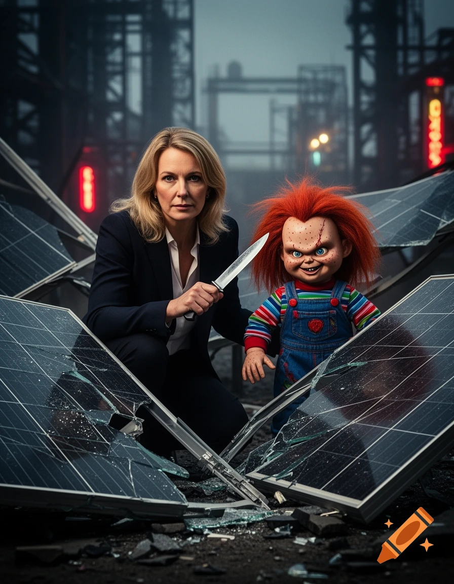 Photorealistic image of a woman and a Chucky doll with a knife amidst shattered solar panels in an industrial setting.