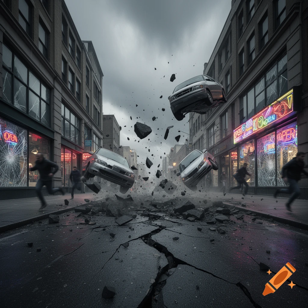 Photorealistic image of a city street during a disaster, with cars flying, ground cracking, and people running in chaos.