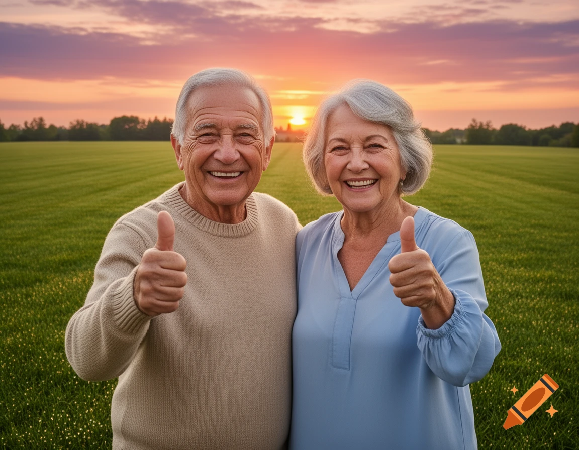 Two smiling elderly people give thumbs up in a green field with a colorful sunset.