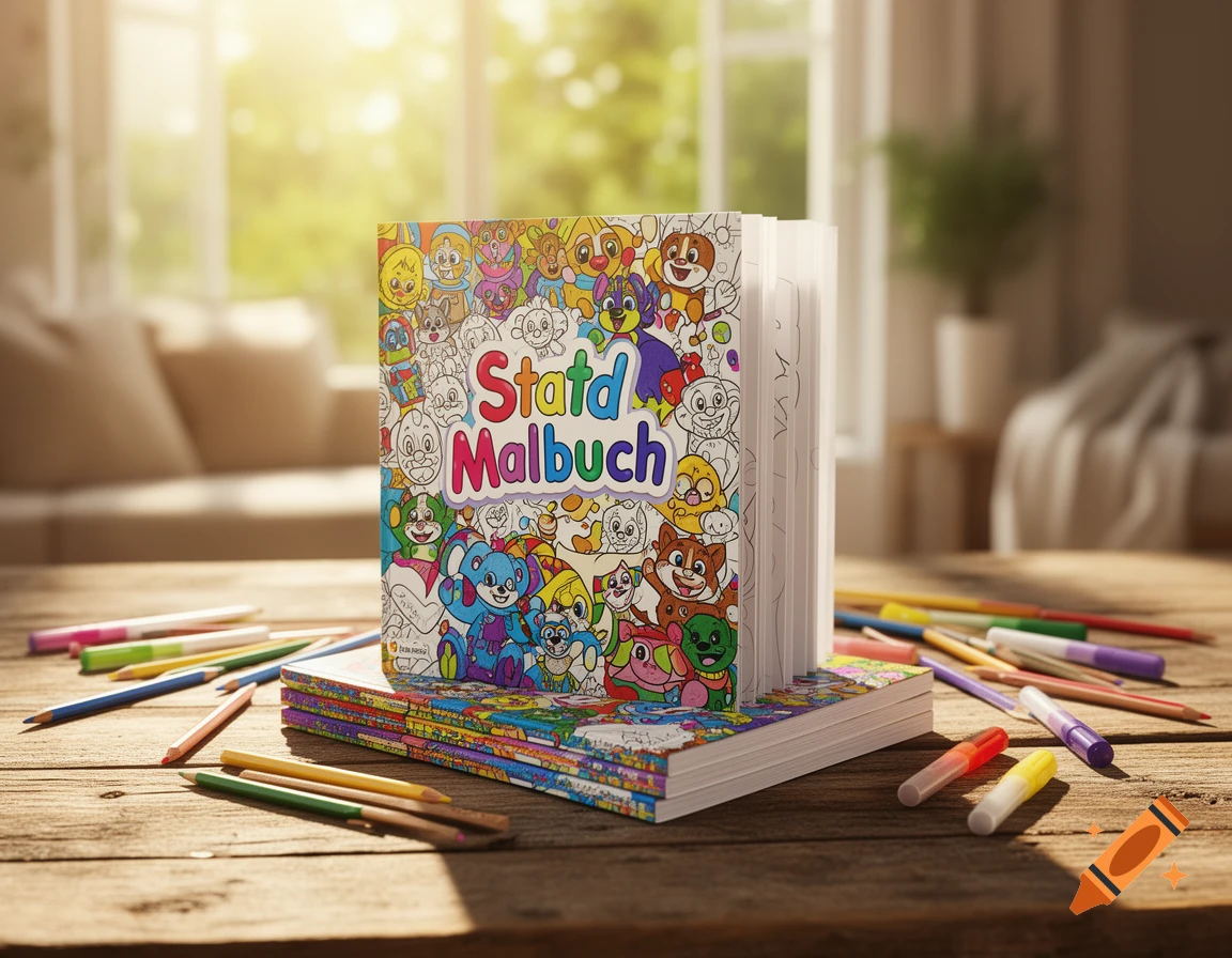 A colorful children's coloring book titled 'Statd Malbuch' stands open on a wooden table surrounded by colored pencils and markers in a sunlit room.