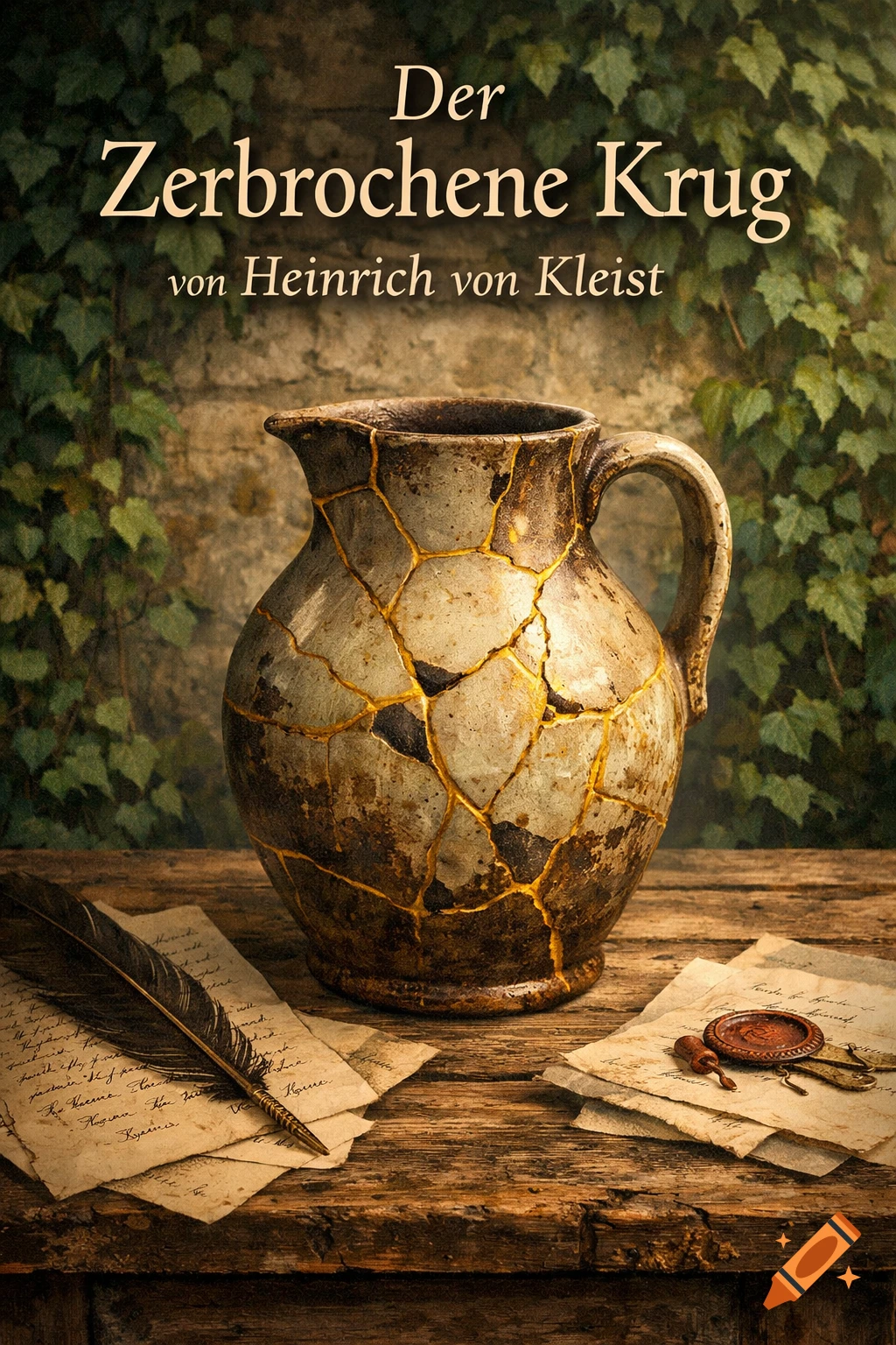 A vintage book cover features a kintsugi-repaired ceramic jug, a quill, and old papers on a wooden table, against an ivy-covered wall.
