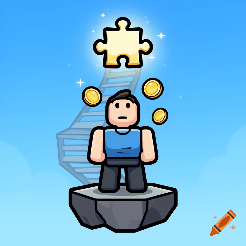 A cartoon Roblox avatar on a floating rock looks at a glowing puzzle piece and golden coins, with a climbing path in the background.