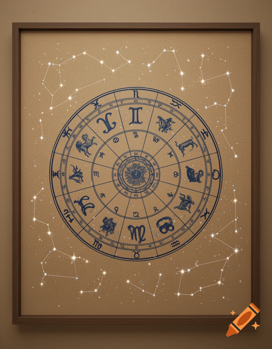 A framed astrology chart with intricate royal blue zodiac symbols and numbers on a tan background, surrounded by sparkling star constellations.