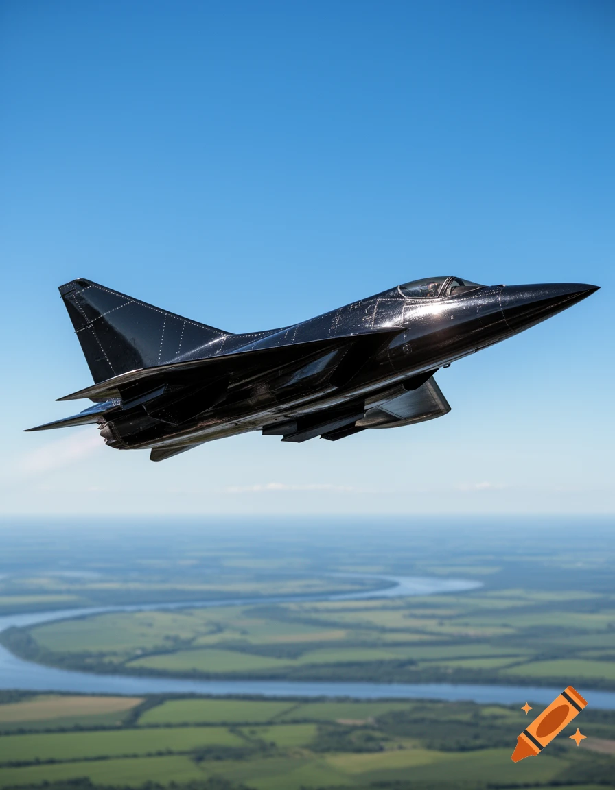 A sleek, black jet aircraft soars through a clear blue sky, with a winding river and green fields visible below.