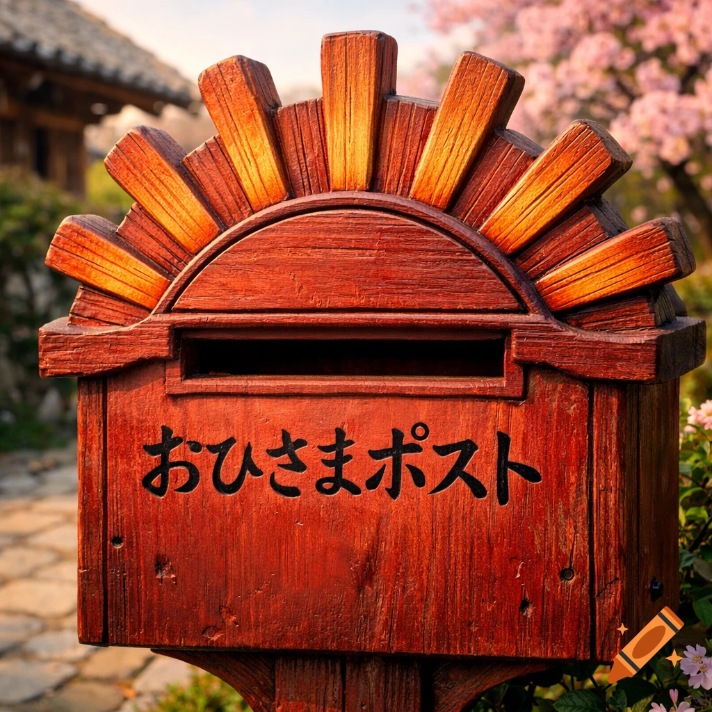 A red wooden mailbox with a sunburst design and Japanese text stands in a spring garden with cherry blossoms in a photorealistic style.