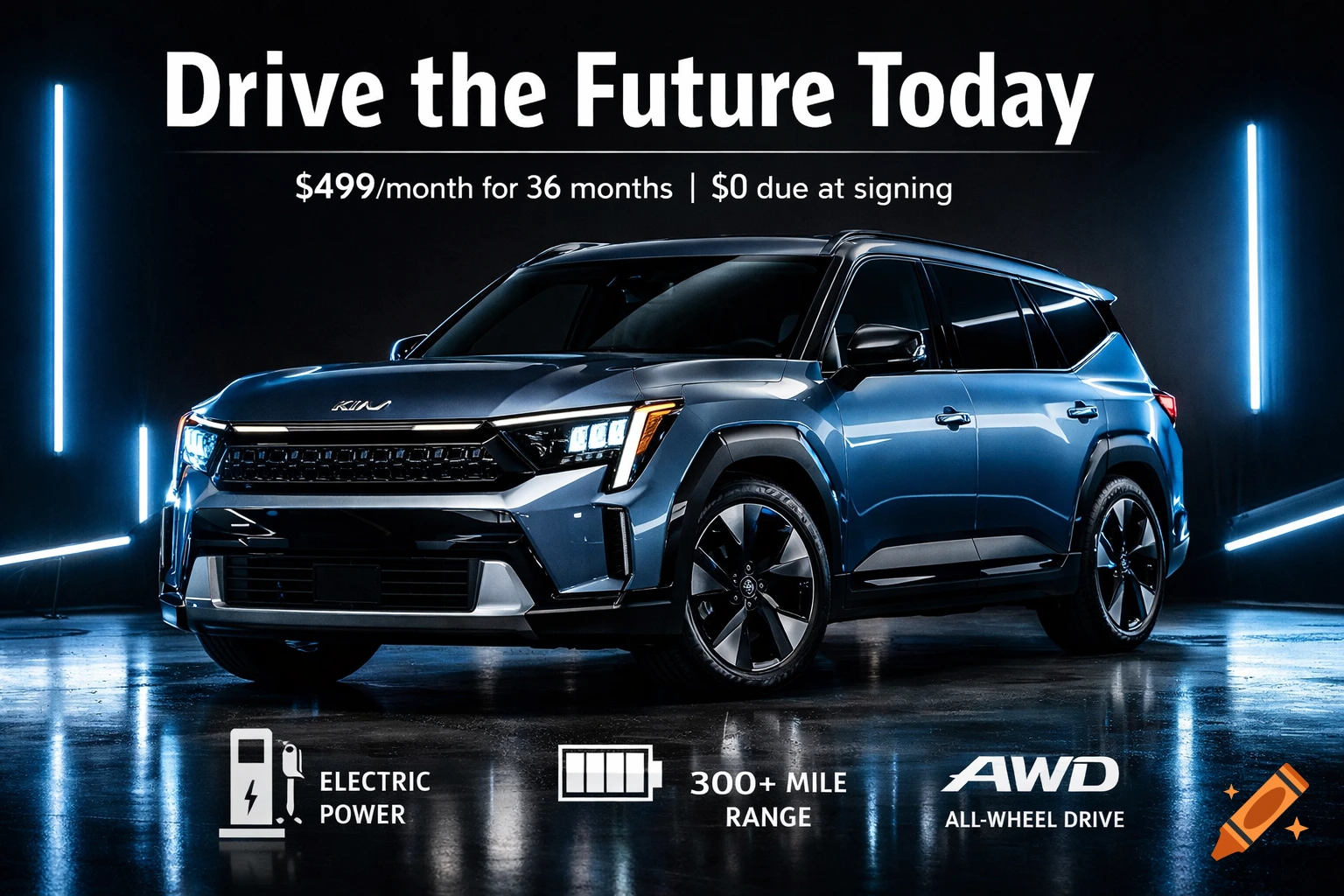 A blue electric SUV in a dark studio with glowing blue neon lights, featuring ad text about a lease offer, electric power, range, and all-wheel drive.