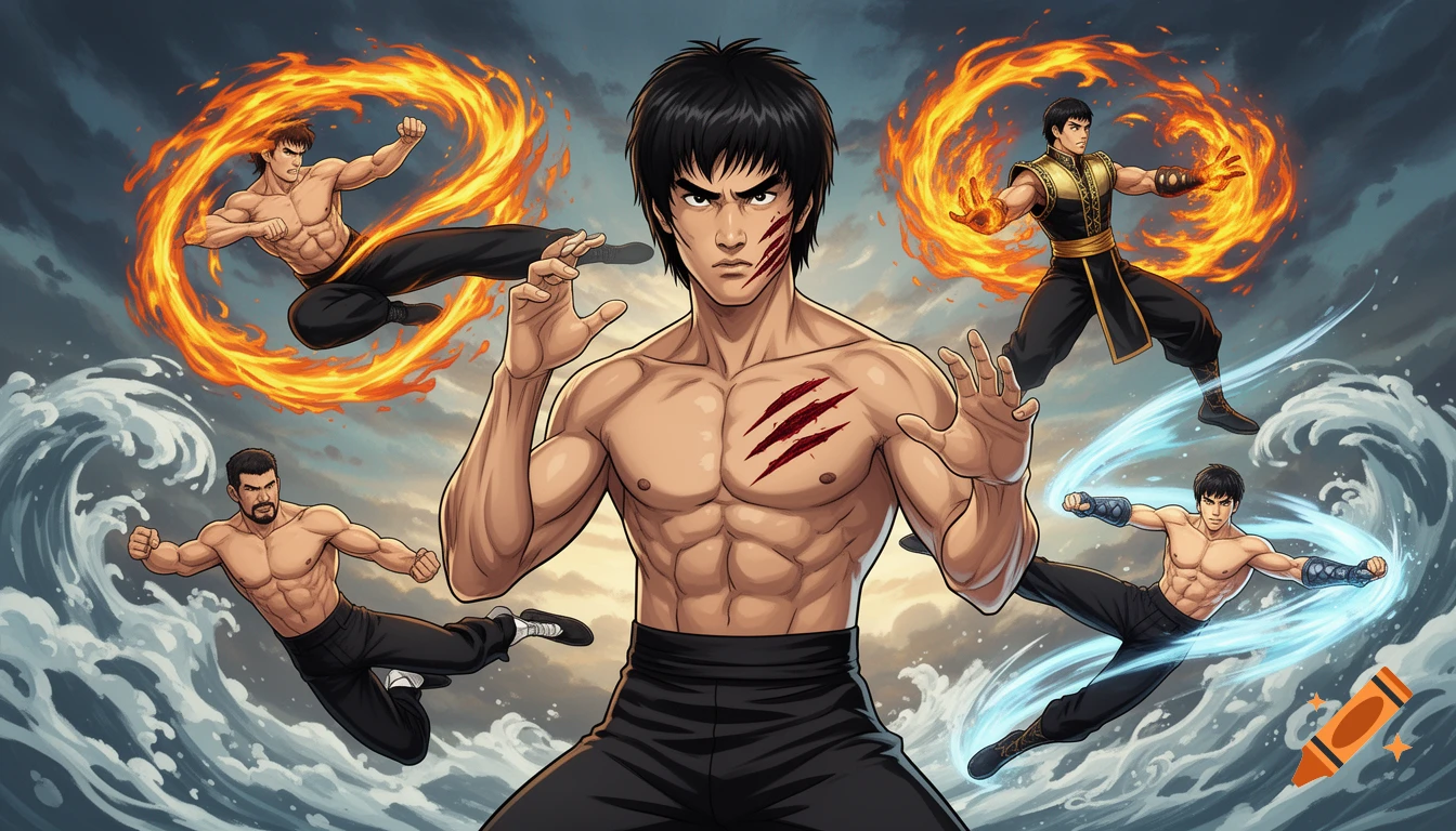 Anime art of Bruce Lee, scarred and in a fighting stance, with Liu Kang, Fei Long, Marshall Law, and Jann Lee in dynamic martial arts poses with elemental effects.