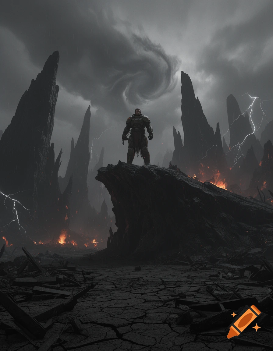 A lone warrior in dark armor stands on a rocky outcrop in a desolate ...
