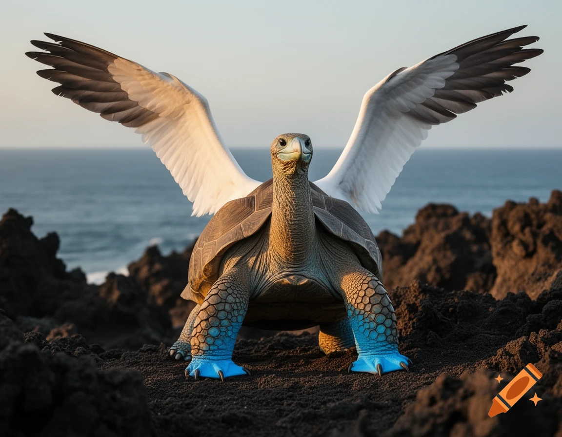A photorealistic hybrid creature, a Galapagos tortoise with white bird wings and bright blue feet, stands on a rocky coast overlooking the ocean.