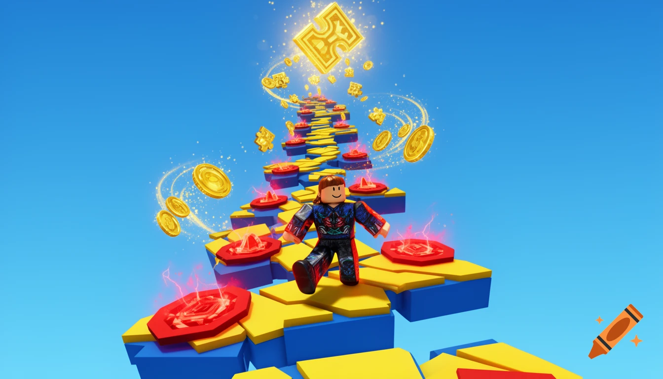 A Roblox avatar climbs a vibrant yellow and blue obstacle course with glowing red hazards, collecting coins and puzzle pieces under a clear blue sky.