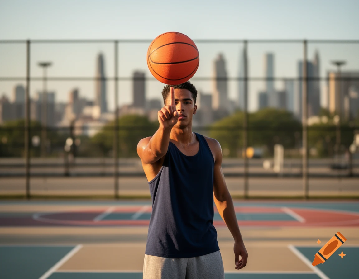 A young man balancing a basketball on his finger on an outdoor court with a city skyline at sunset.