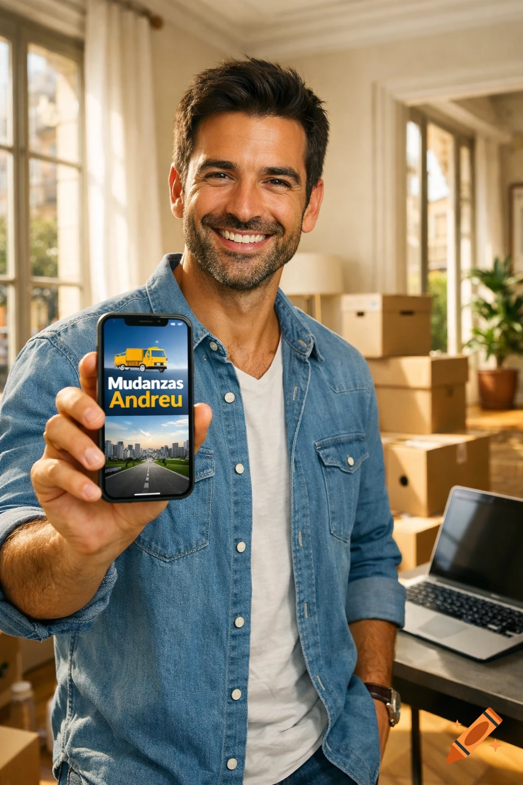 Smiling man in a denim shirt holds a smartphone showing a 'Mudanzas Andreu' app in a bright apartment with moving boxes. Photorealistic.