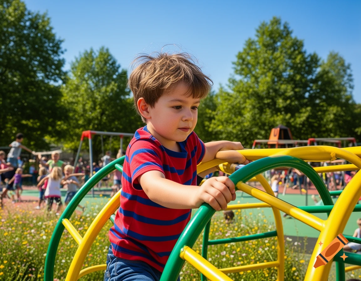 A young boy in a red and blue striped shirt climbs on a yellow and green jungle gym in a sunny park with other children in the background.