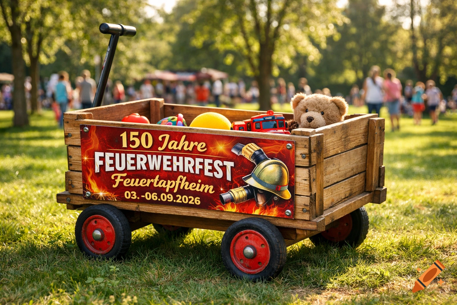 A wooden child's wagon with a red banner that reads "150 Jahre FEUERWEHRFEST Feuertapfheim 03.-06.09.2026", filled with toys like a teddy bear and fire truck, sitting on green grass in a park setting with blurred people in the background.