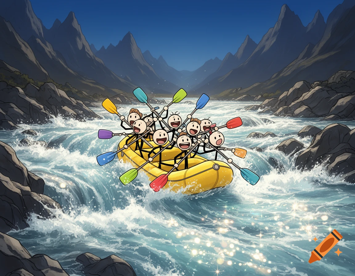 A cartoon illustration of happy stick figures white-water rafting in a yellow raft on a turbulent river amidst rocky mountains.