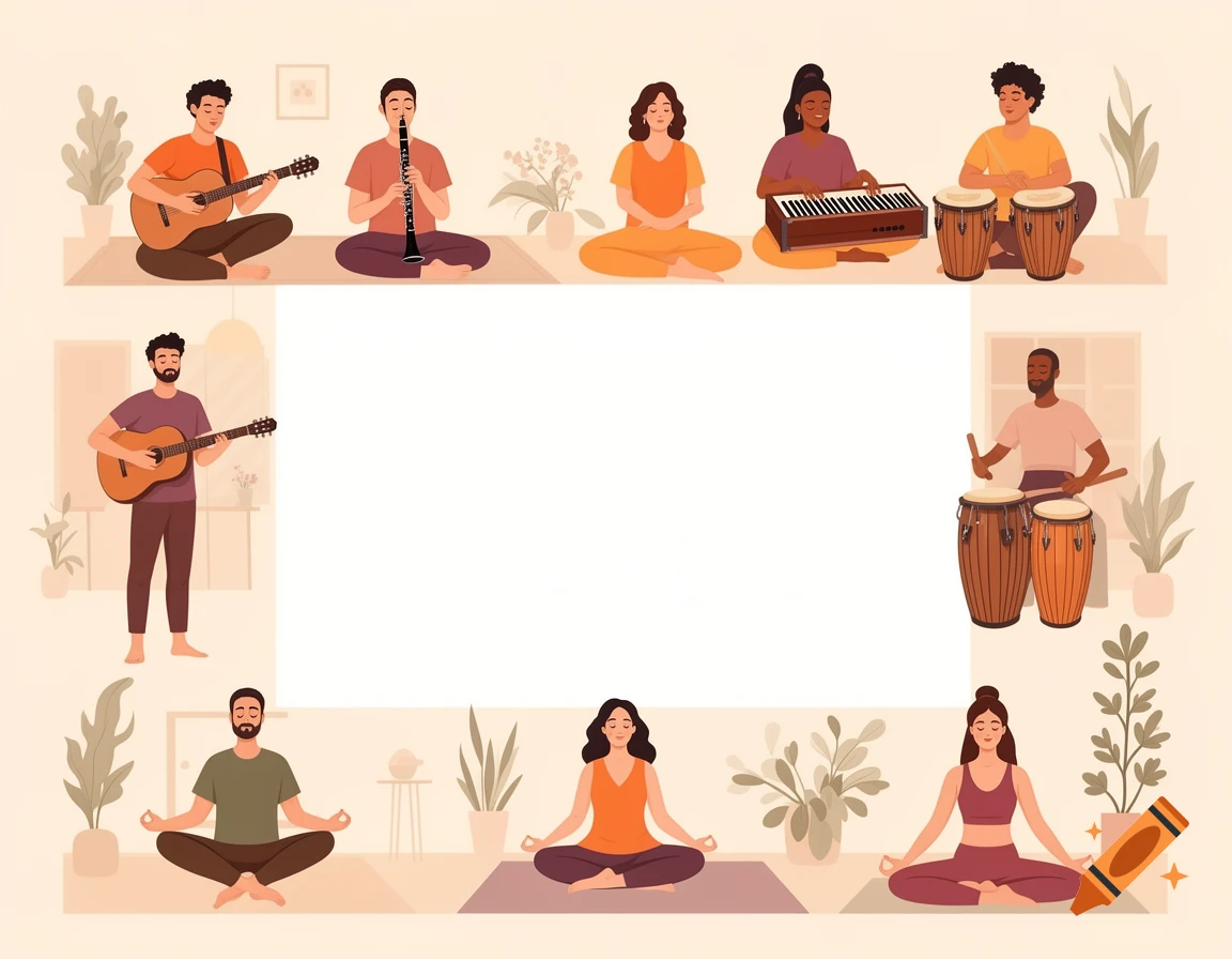 A modern vector illustration in flat design style, showing diverse people playing musical instruments like guitar, clarinet, keyboard, and bongos, and practicing yoga around an empty central space.