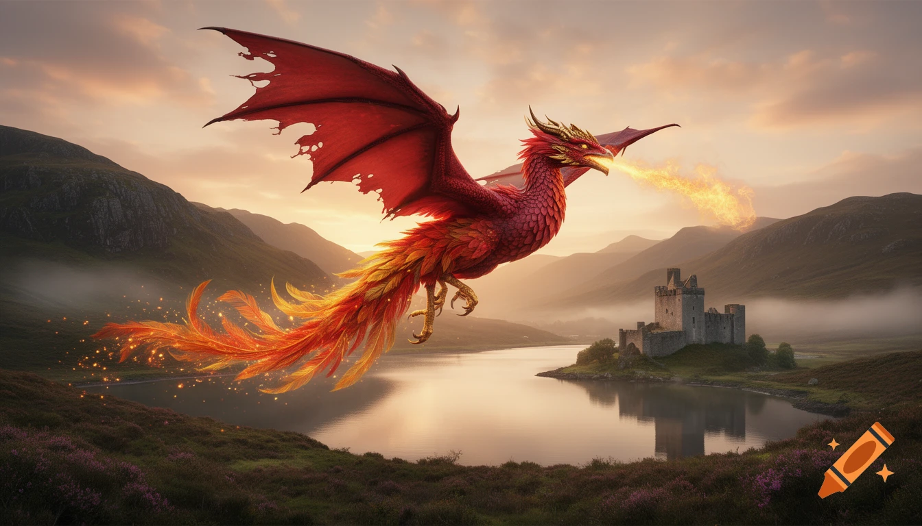 A majestic red and gold dragon-phoenix creature flies over a calm loch and castle in the Scottish Highlands at sunset.