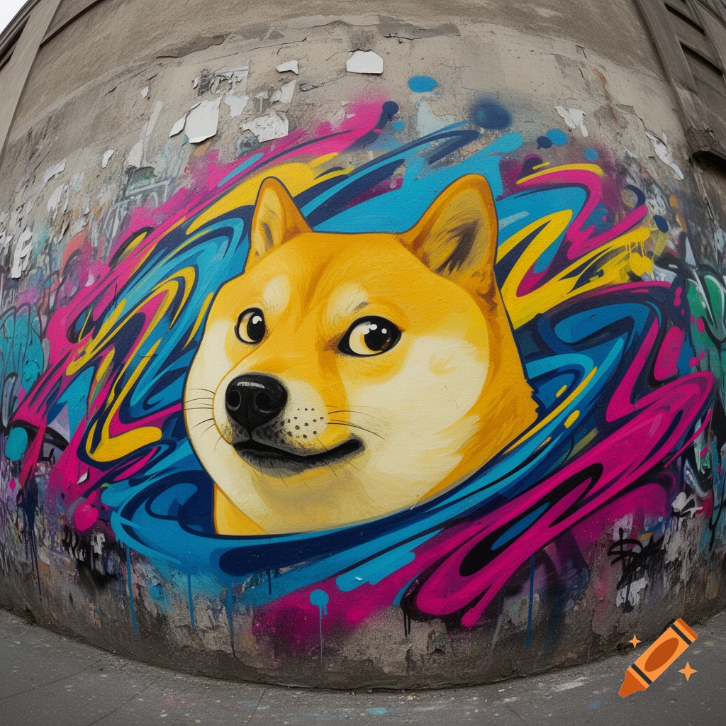 Vibrant graffiti of a Doge head with swirling pink, blue, and yellow lines on a weathered concrete wall.