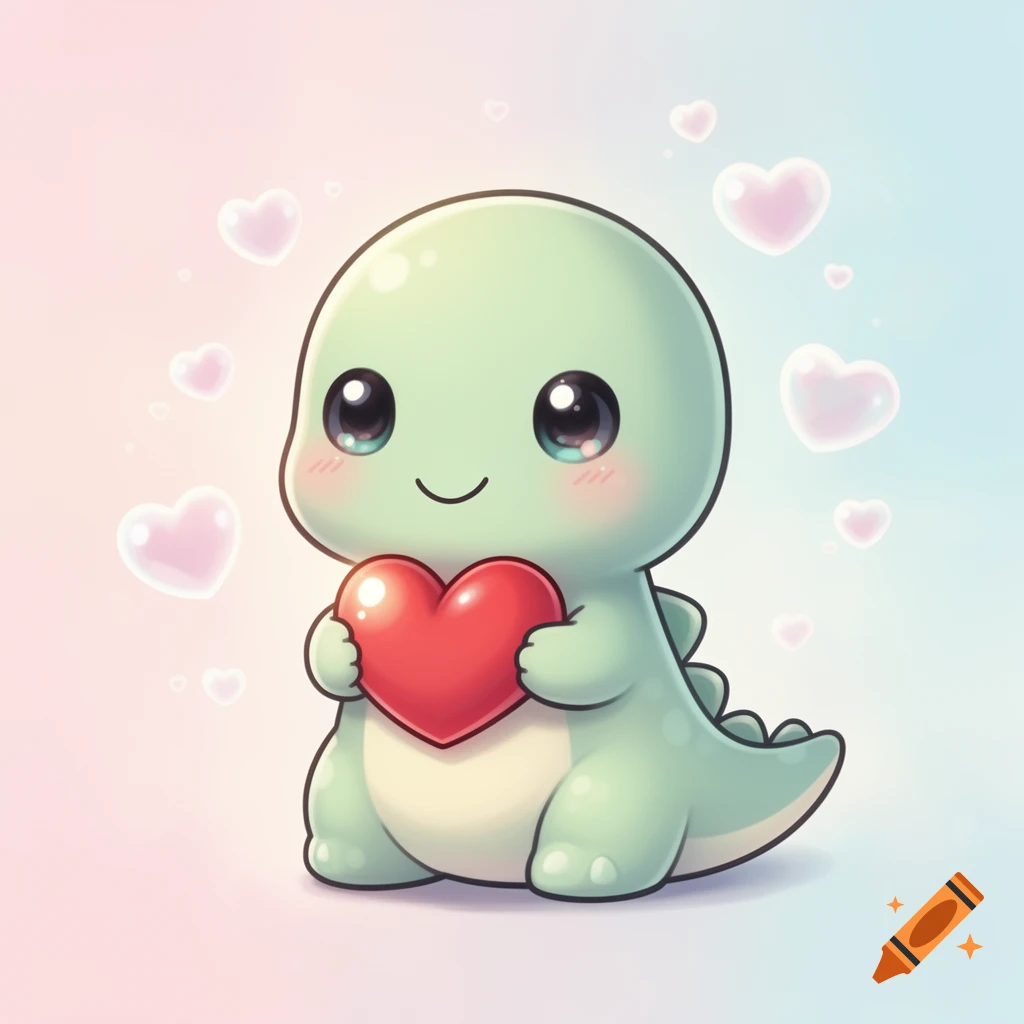 A cute kawaii green dinosaur with rosy cheeks holds a red heart, surrounded by pink hearts on a pastel background.