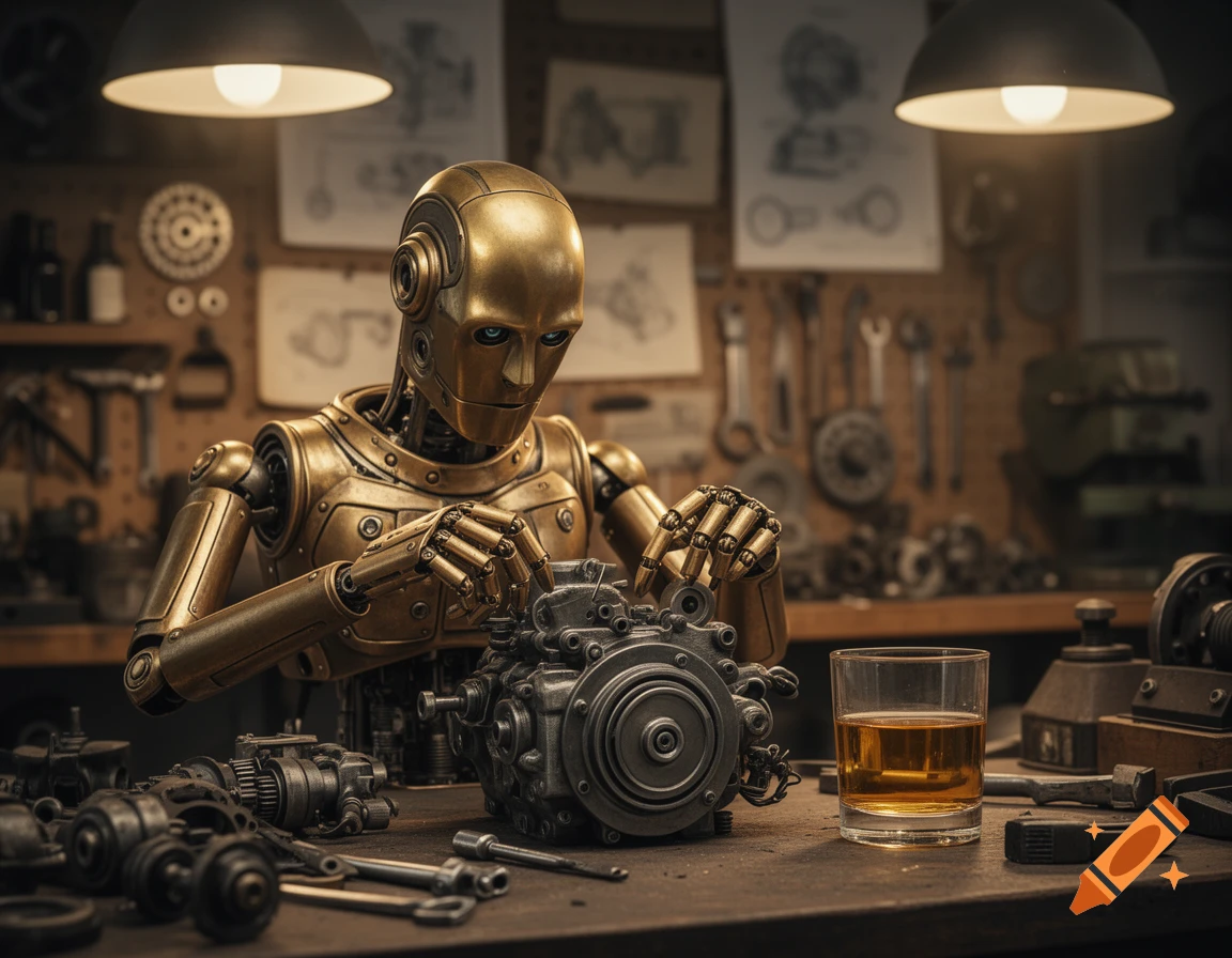 A gold robotic mechanic with blue eyes works on a complex engine part in a dimly lit workshop, with a glass of whiskey nearby.