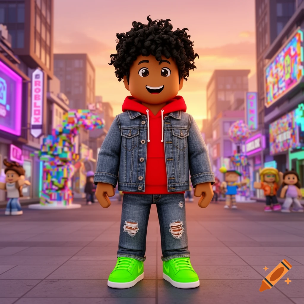 A smiling Roblox character with brown skin and black curly hair, wearing a red hoodie, denim jacket, ripped jeans, and neon green sneakers, stands in a vibrant city street.