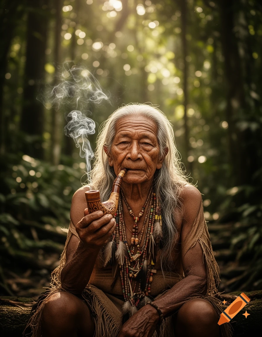 An elderly indigenous person with long grey hair smokes a carved pipe while sitting in a sun-dappled forest, wearing traditional beads.