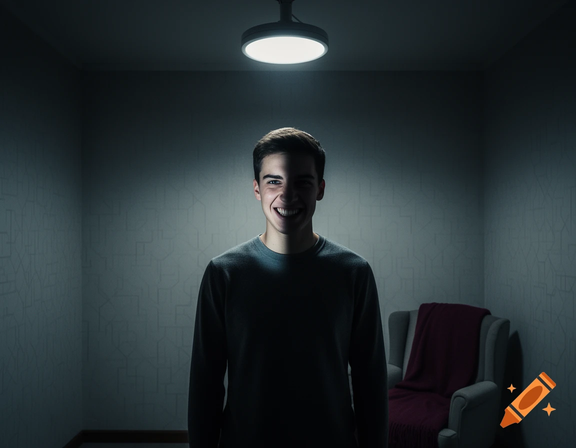 A young man with a wide, unsettling smile stands in a dark room under a single overhead light, casting dramatic shadows. A chair with a red blanket is in the background.