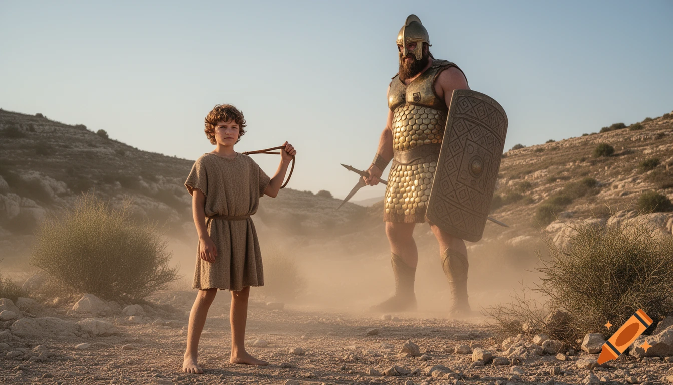 Photorealistic image of young David with a sling facing the giant warrior Goliath in a dusty desert valley.