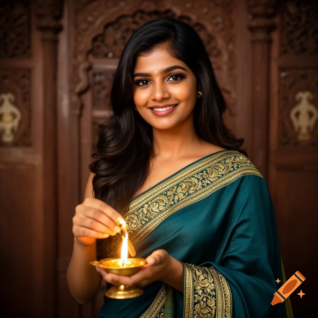 A young Indian woman in a teal sari with gold trim smiles while holding a lit oil lamp against a carved wooden background.