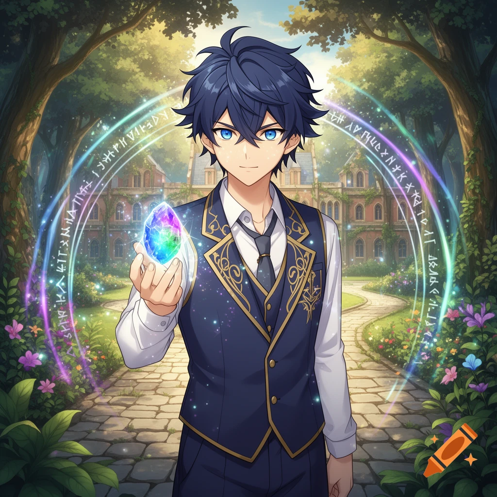Anime male in a uniform holds a glowing rainbow crystal, surrounded by ...