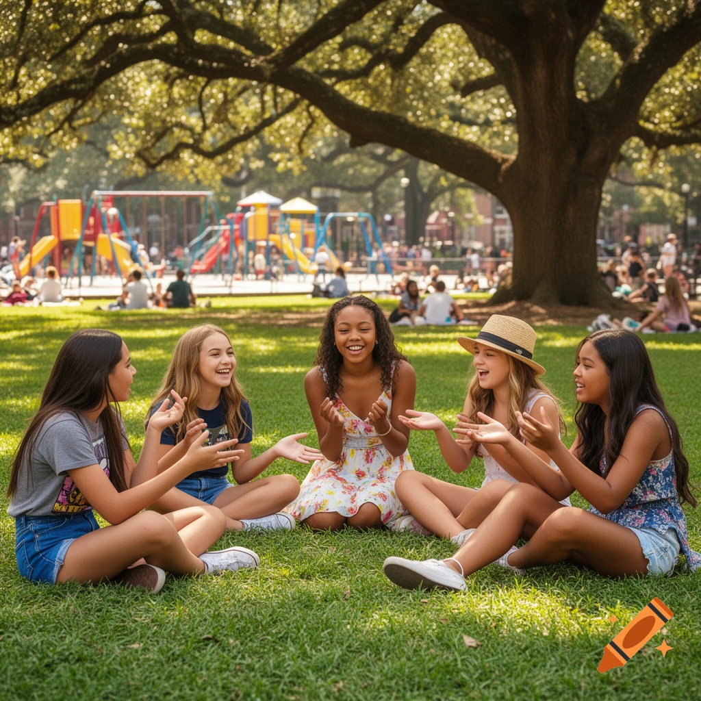Five photorealistic young girls sit in a circle on green grass, laughing and talking in a sunny park with a playground in the background.