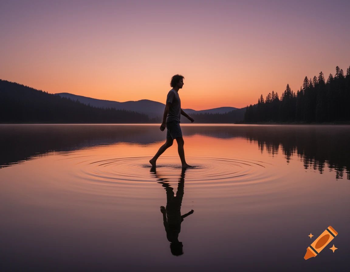A person walks on water across a calm lake at sunset, creating ripples. Their silhouette is reflected in the water.