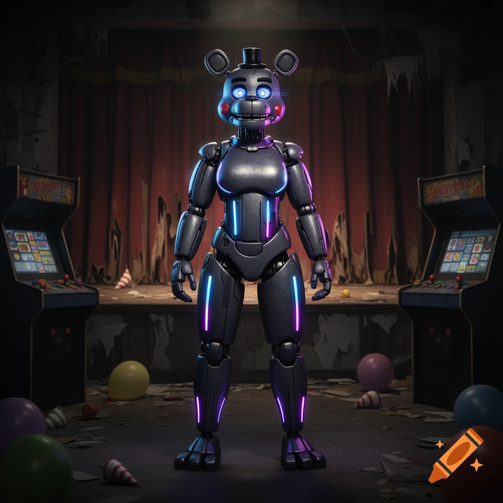 A dark metallic animatronic bear with glowing blue eyes and neon accents stands on a dilapidated stage in an abandoned arcade.