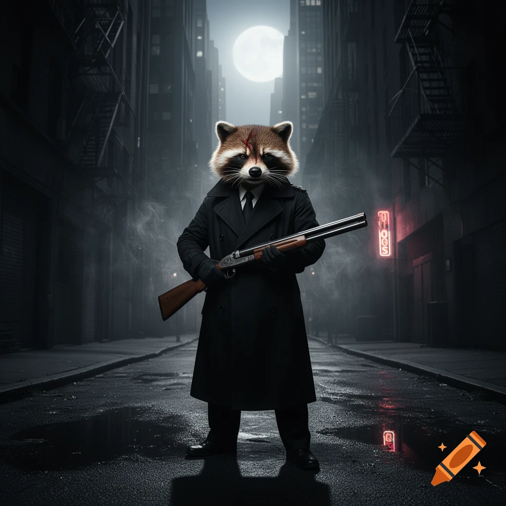 Photorealistic anthropomorphic raccoon in a black trenchcoat holds a double-barrel shotgun on a dark, rainy city street at night under a full moon.