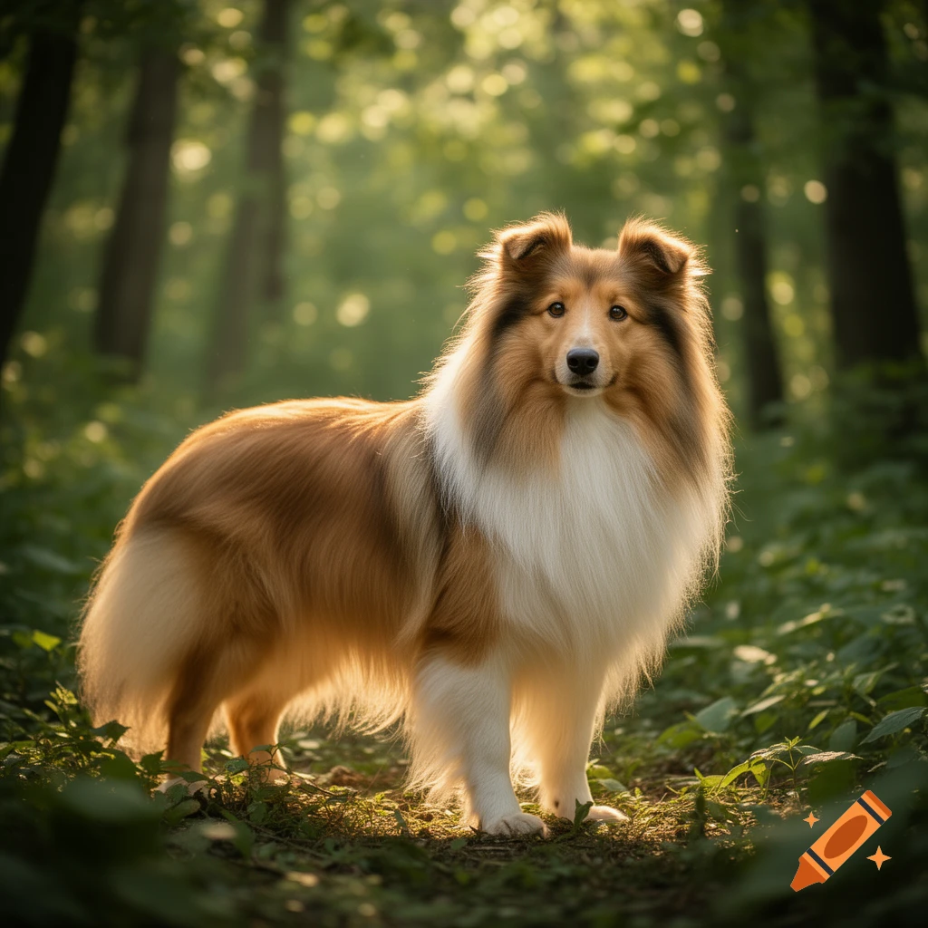 A photorealistic Shetland Sheepdog stands in a sunlit forest, dappled ...