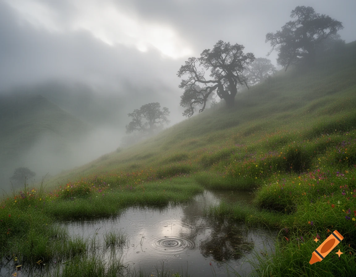 A misty, green hillside with gnarled trees and colorful wildflowers slopes down to a reflective pond with ripples.
